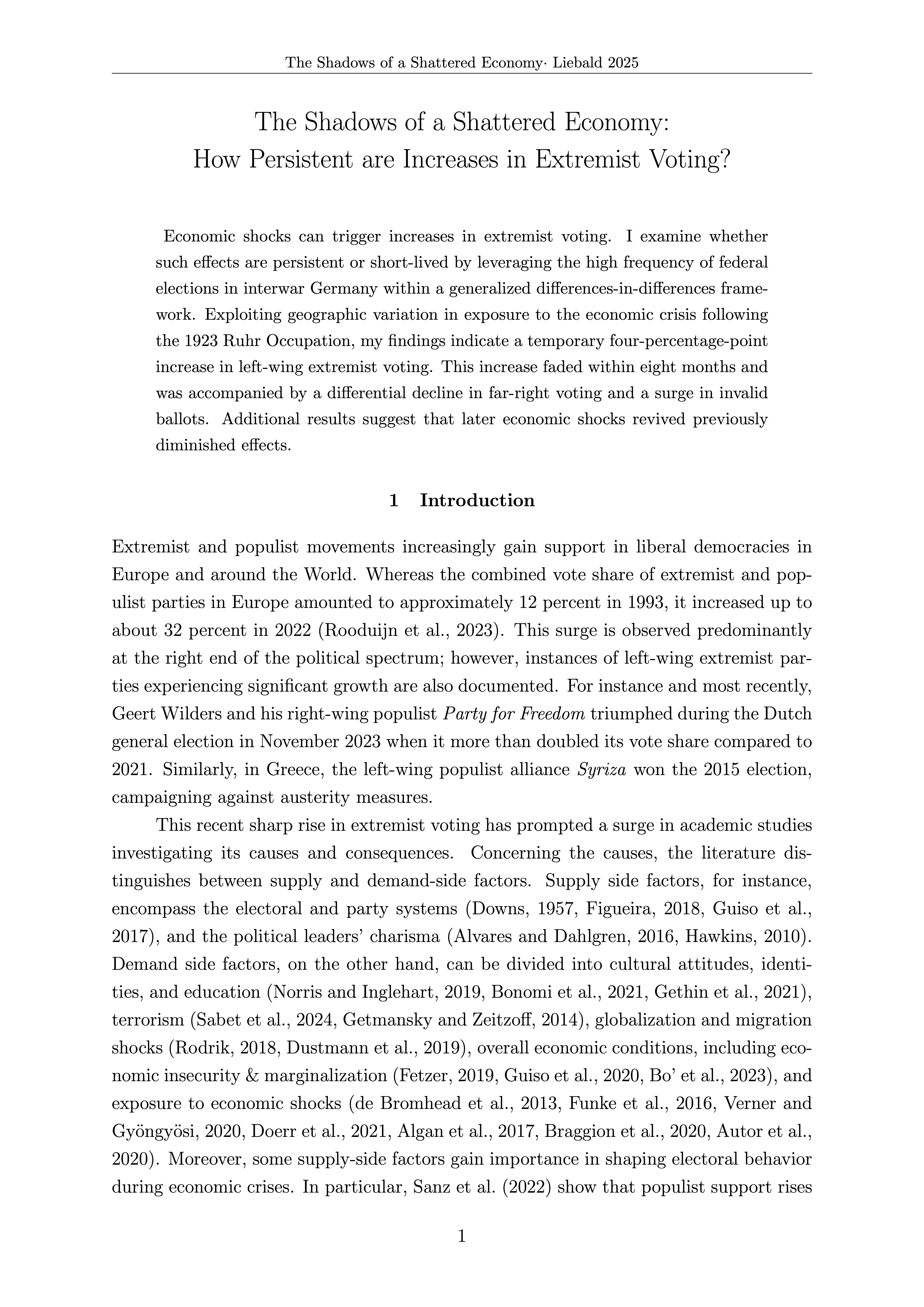 Paper: The Shadows of a Shattered Economy: How Persistent are Increases in Extremist Voting?
