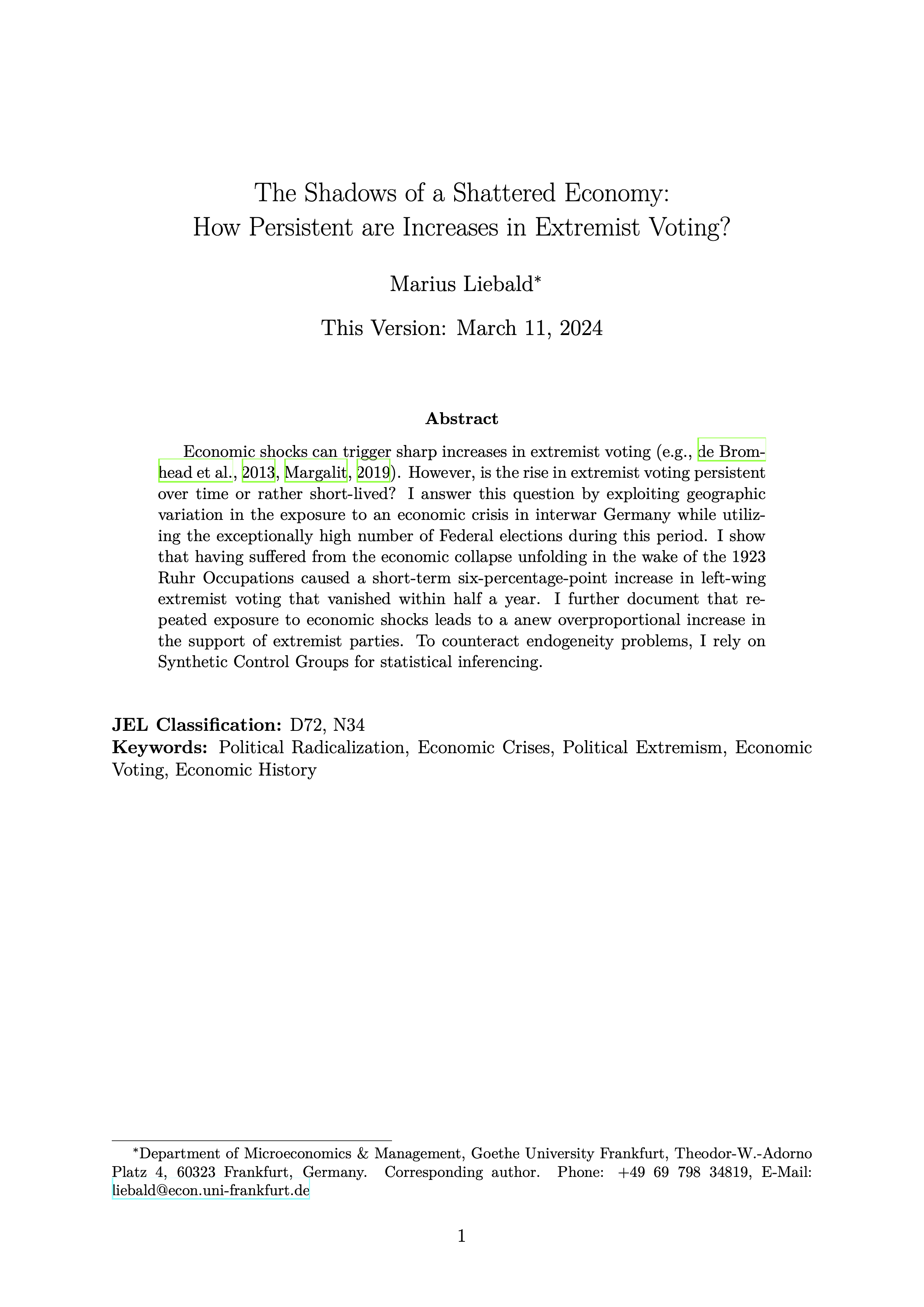 Paper: The Shadows of a Shattered Economy: How Persistent are Increases in Extremist Voting?