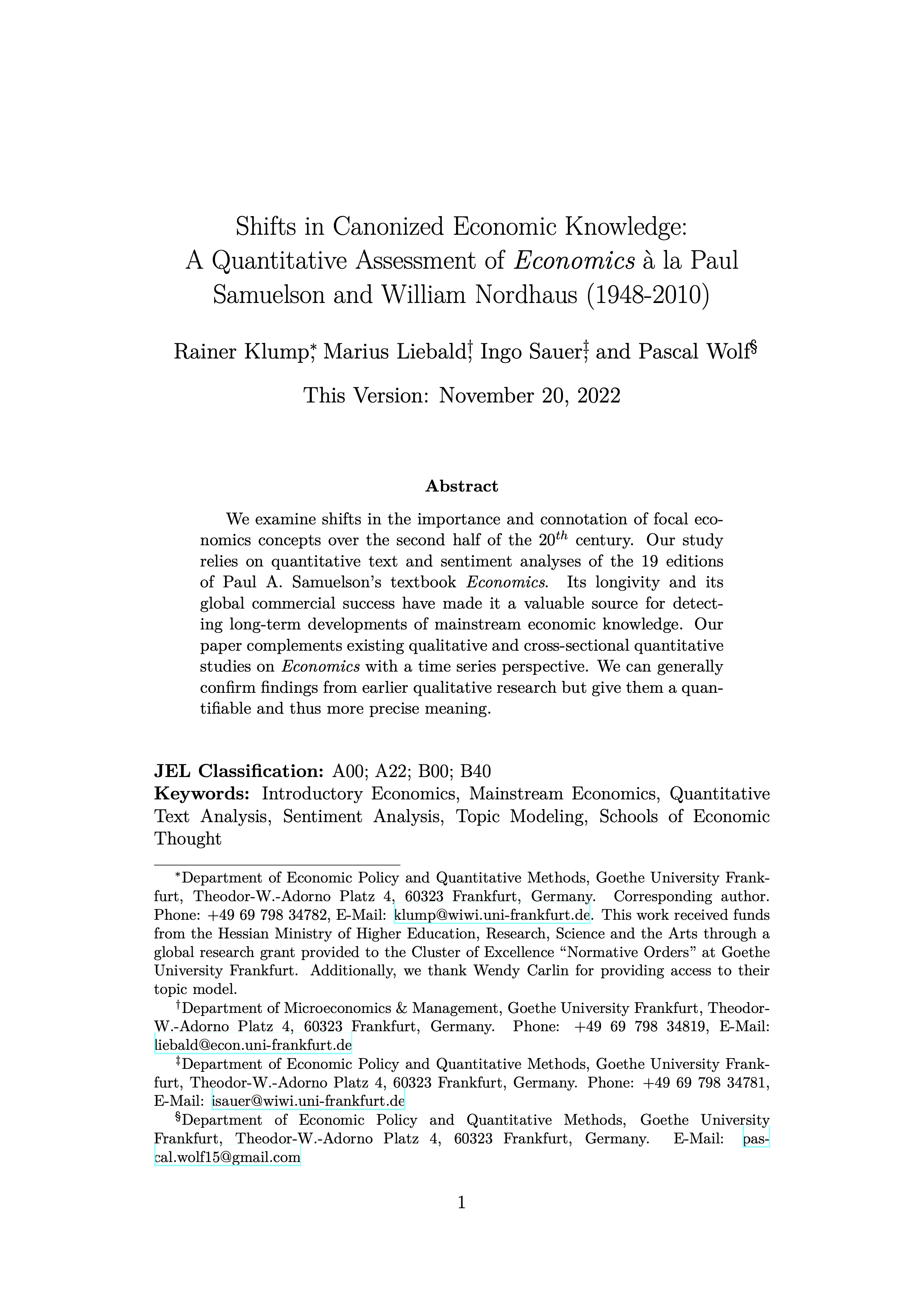 Paper: Shifts in Canonized Economic Knowledge: A Quantitative Assessment of Economics à la Paul Samuelson and William Nordhaus (1948-2010)
